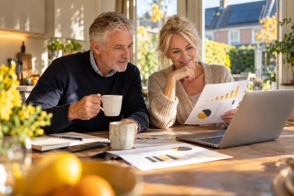 Twee mensen bekijken samen hun energierekening aan de keukentafel